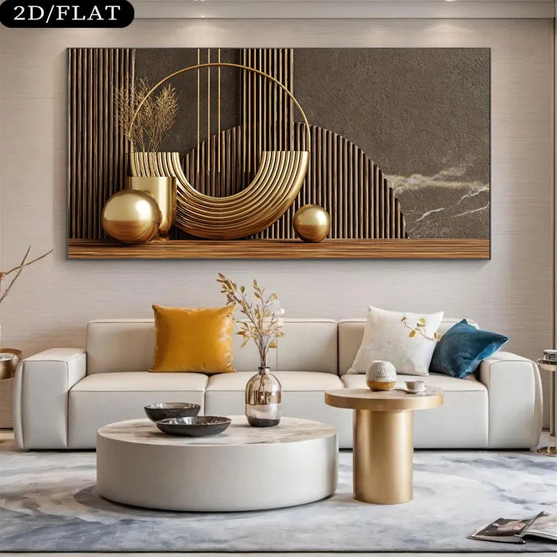 Modern living room with a white sofa, decorative table, and wall art.