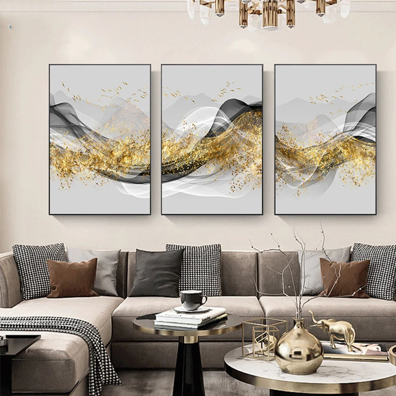 Golden Flowing Mountain Landscape Wall Art Fine Art Canvas Prints Pictures For Living Room Dining Room Auspicious Art For Contemporary Interiors