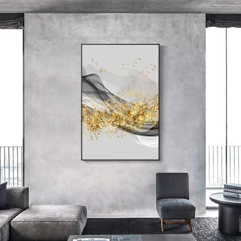 Golden Flowing Mountain Landscape Wall Art Fine Art Canvas Prints Pictures For Living Room Dining Room Auspicious Art For Contemporary Interiors