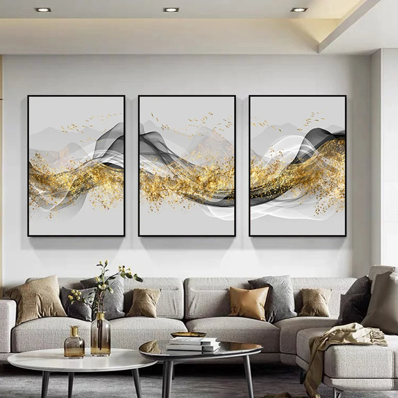 Golden Flowing Mountain Landscape Wall Art Fine Art Canvas Prints Pictures For Living Room Dining Room Auspicious Art For Contemporary Interiors