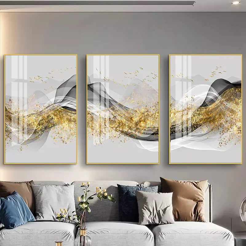 Golden Flowing Mountain Landscape Wall Art Fine Art Canvas Prints Pictures For Living Room Dining Room Auspicious Art For Contemporary Interiors