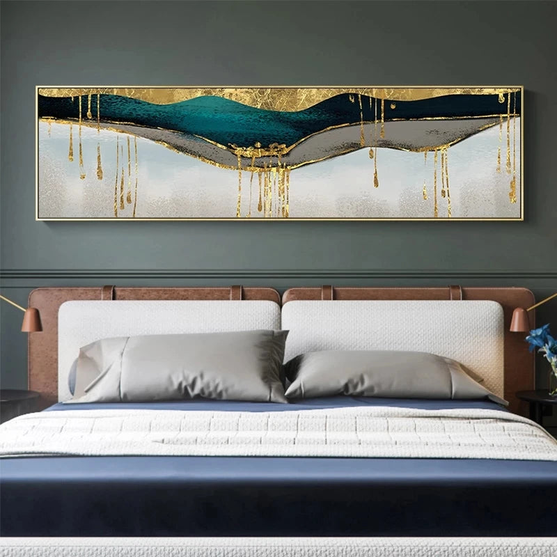 Modern bedroom with a large abstract painting above a bed
