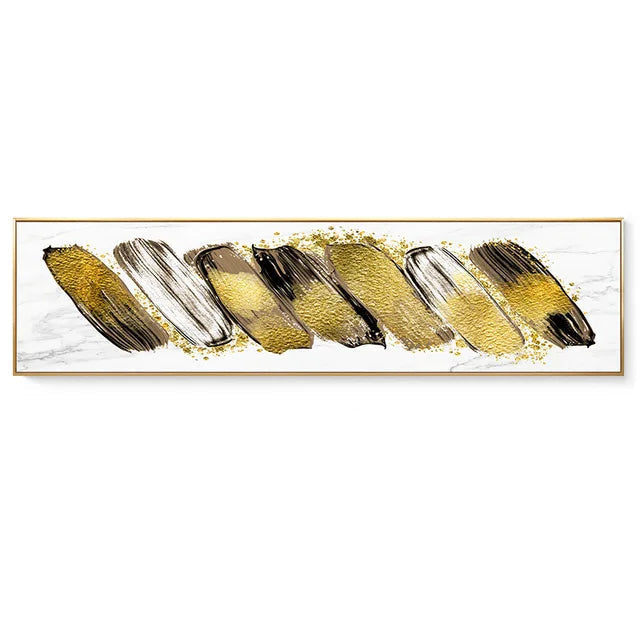 Abstract art with gold and black brush strokes on a white background