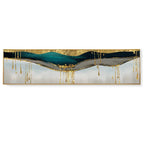Panoramic abstract art with gold and blue elements on a white background
