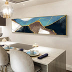 Dining room with abstract art on the wall above a table.