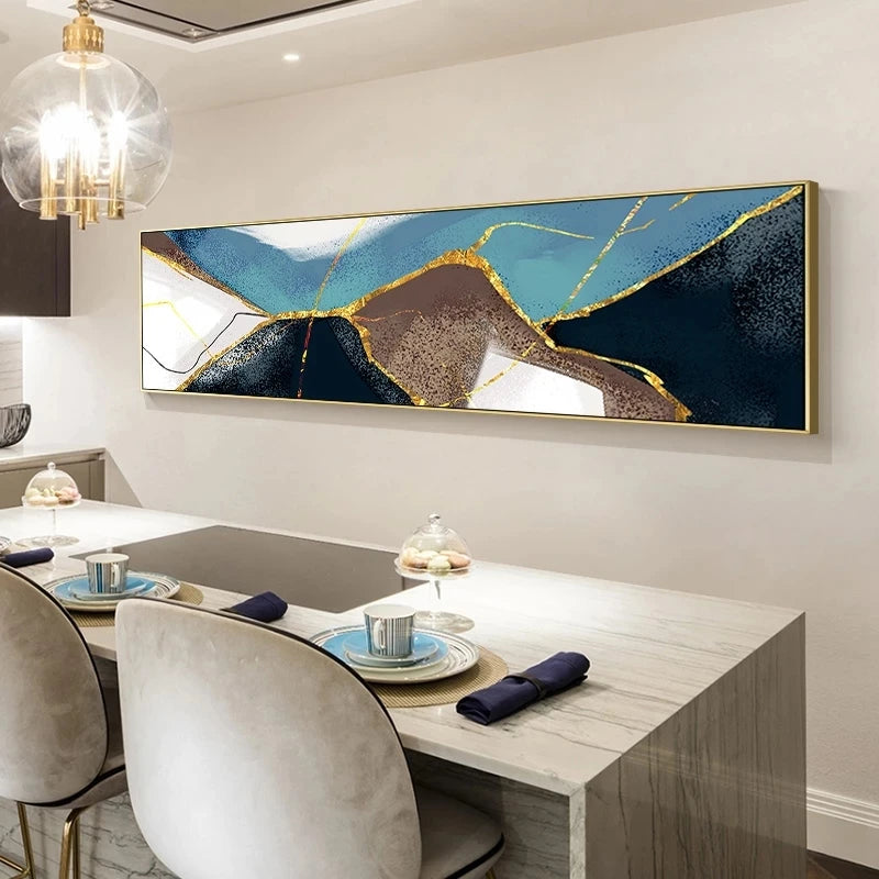 Dining room with abstract art on the wall above a table.