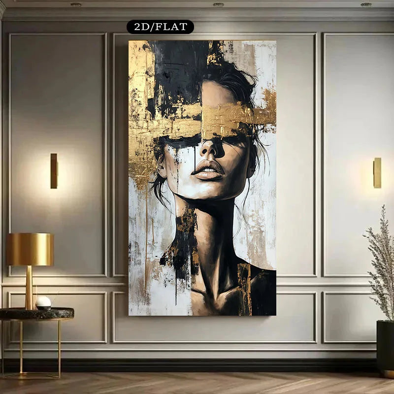 Abstract art of a woman's face on a wall in a modern interior setting