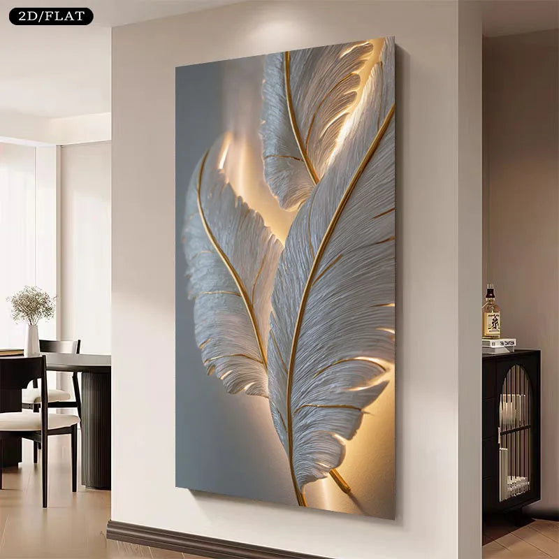 Golden Grey Abstract Feather Wall Art Fine Art Canvas Prints Artwork Modern Apartment Living Room Foyer Hallway Light Luxury Home Decor