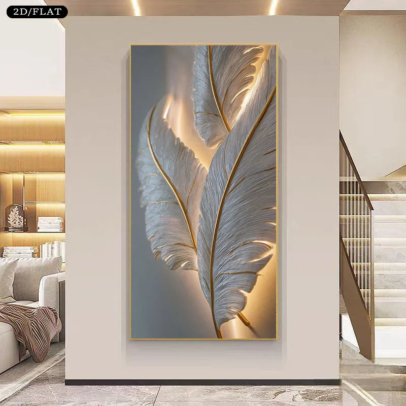 A vertical wall art piece featuring large white feathers with warm gold highlights, displayed in a modern interior hallway with a staircase and built-in shelving visible.