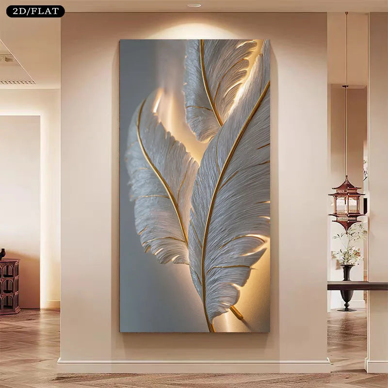 Large vertical wall art canvas showing two illuminated white feathers with gold veining, displayed in a modern interior hallway. 