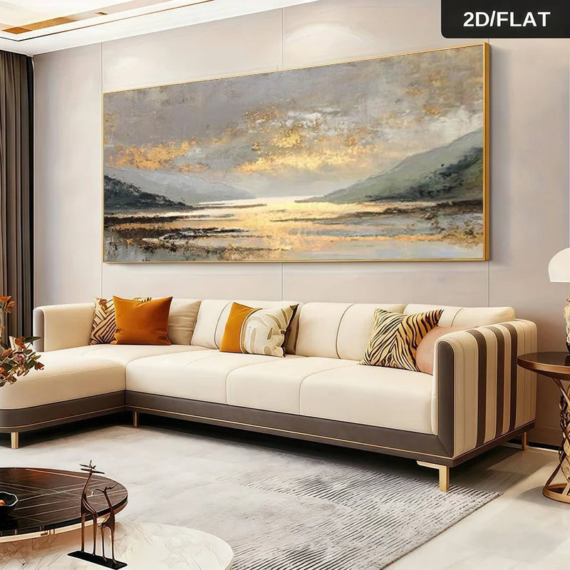 Modern living room with a large sectional sofa and a scenic painting on the wall.