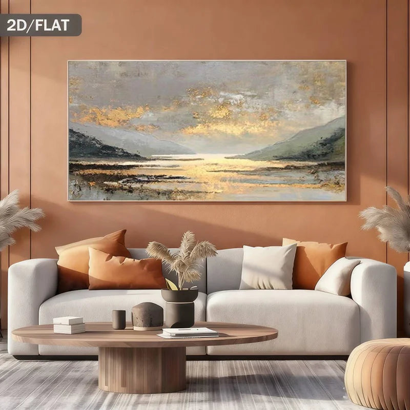 Living room with a large abstract landscape painting on the wall, a gray sofa with orange and white pillows, and a wooden coffee table.