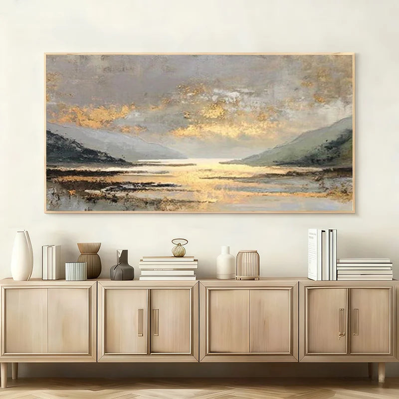 Golden Lake Sunset Mountain Landscape Wall Art Fine Art Canvas Print - Warm Neutral Tones for Contemporary Living Room, Bedroom Décor