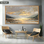 Golden Lake Sunset Mountain Landscape Wall Art Fine Art Canvas Print - Warm Neutral Tones for Contemporary Living Room, Bedroom Décor