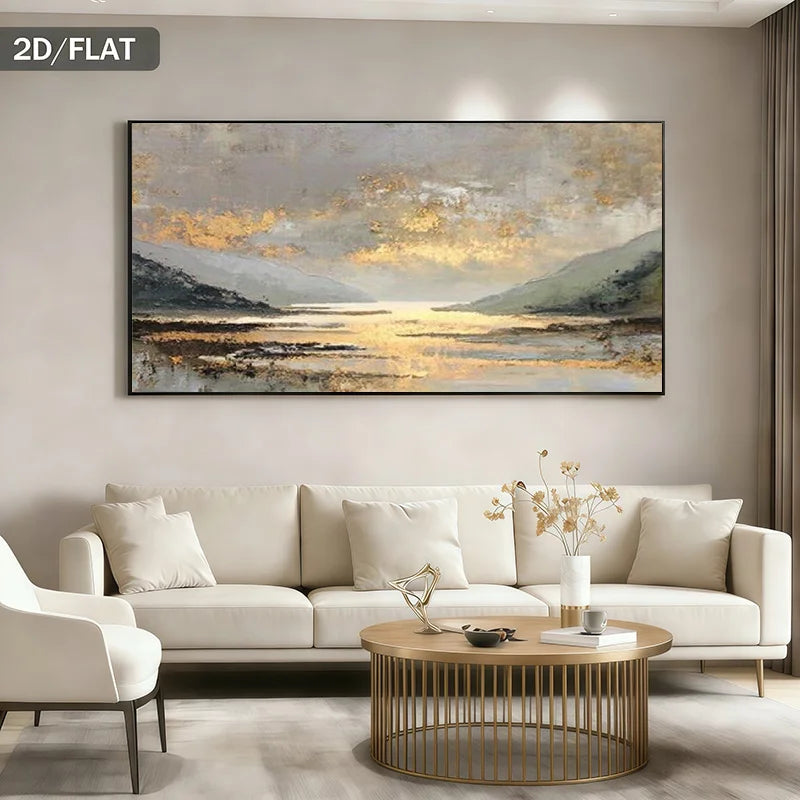 Golden Lake Sunset Mountain Landscape Wall Art Fine Art Canvas Print - Warm Neutral Tones for Contemporary Living Room, Bedroom Décor