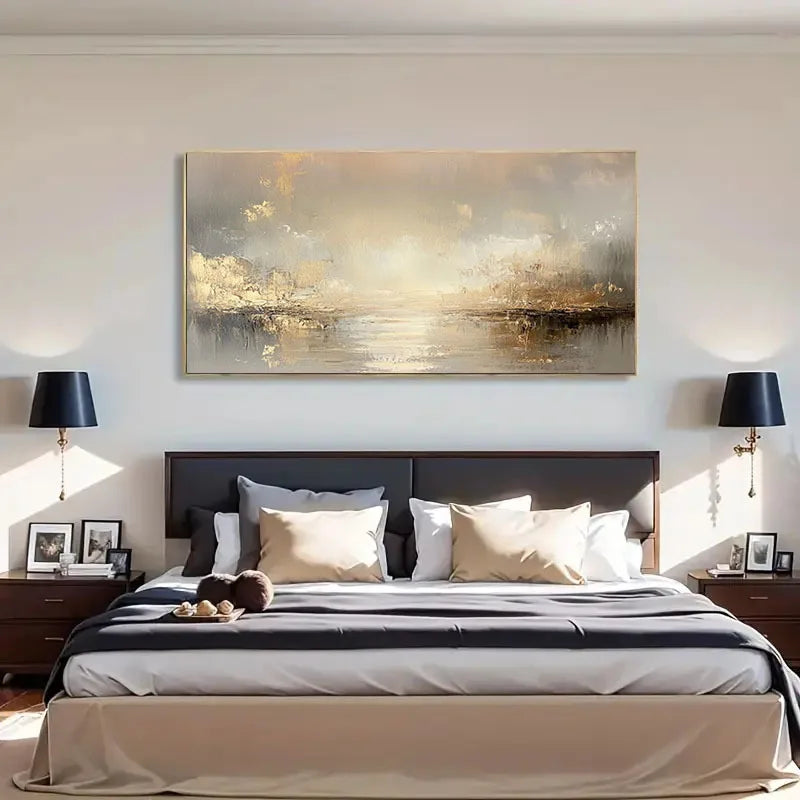 Modern bedroom with a large abstract painting above a bed.