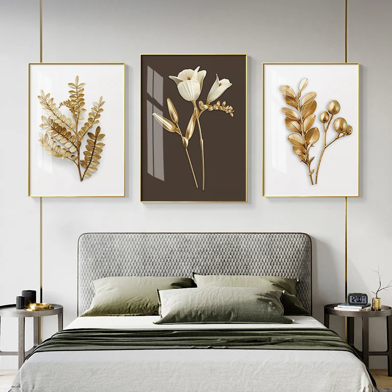 Golden Leaf Floral Wall Art Fine Art Canvas Prints Modern Minimalist Abstract Botanical Pictures For Bedroom Living Room Light Luxury Home Decor