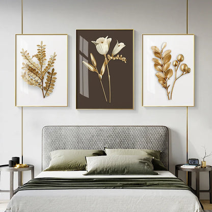 Golden Leaf Floral Wall Art Fine Art Canvas Prints Modern Minimalist Abstract Botanical Pictures For Bedroom Living Room Light Luxury Home Decor