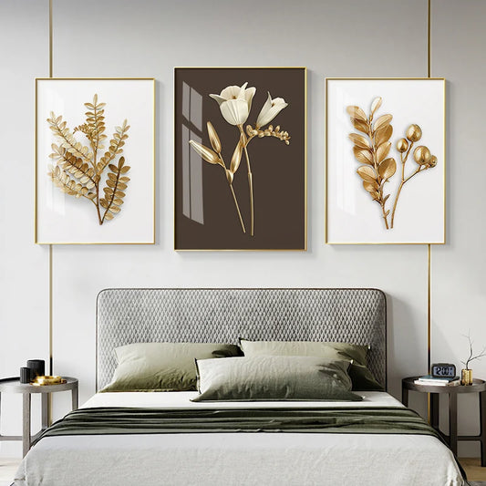 Golden Leaf Floral Wall Art Fine Art Canvas Prints Modern Minimalist Abstract Botanical Pictures For Bedroom Living Room Light Luxury Home Decor