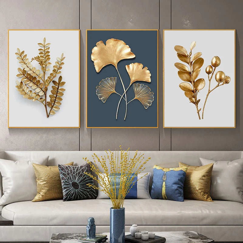 Golden Leaf Floral Wall Art Fine Art Canvas Prints Modern Minimalist Abstract Botanical Pictures For Bedroom Living Room Light Luxury Home Decor