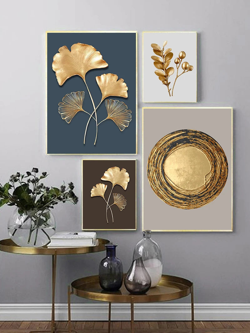  Golden Leaf Floral Wall Art Fine Art Canvas Prints Modern Minimalist Abstract Botanical Pictures For Bedroom Living Room Light Luxury Home Decor 2025 a