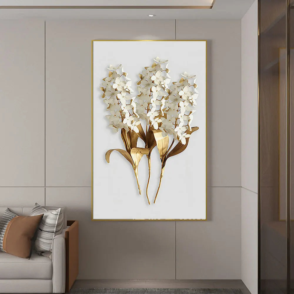 Golden Leaf White Petalled Floral Wall Art Fine Art Canvas Prints Modern Abstract Botanical Wall Art For Living Room Bedroom Dining Foyer Art Decor