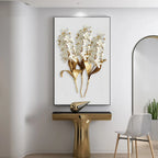 Golden Leaf White Petalled Floral Wall Art Fine Art Canvas Prints Modern Abstract Botanical Wall Art For Living Room Bedroom Dining Foyer Art Decor