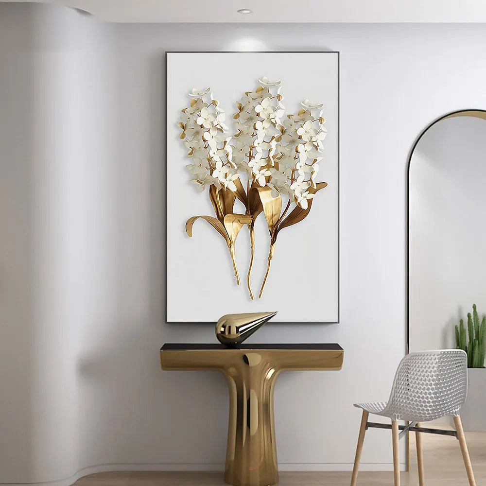 Golden Leaf White Petalled Floral Wall Art Fine Art Canvas Prints Modern Abstract Botanical Wall Art For Living Room Bedroom Dining Foyer Art Decor