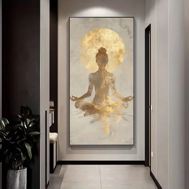 Golden Meditation Silhouette Canvas Wall Art Fine Art Canvas Print – Yoga Pose Artwork for Living Room or Studio, Modern Minimalist Spiritual Décor for Wellness Spaces