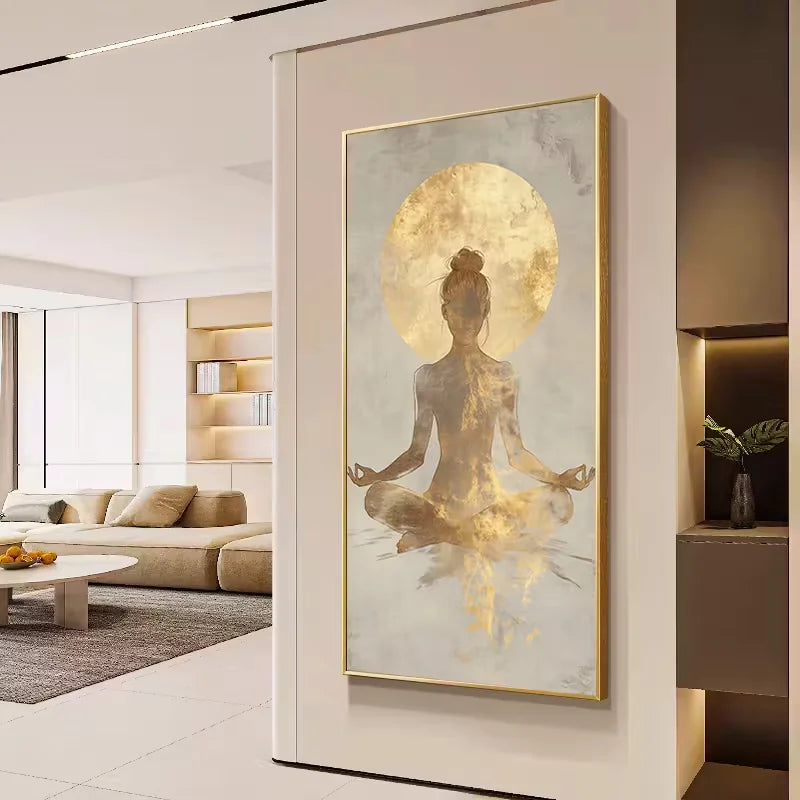 Golden Meditation Silhouette Canvas Wall Art Fine Art Canvas Print – Yoga Pose Artwork for Living Room or Studio, Modern Minimalist Spiritual Décor for Wellness Spaces