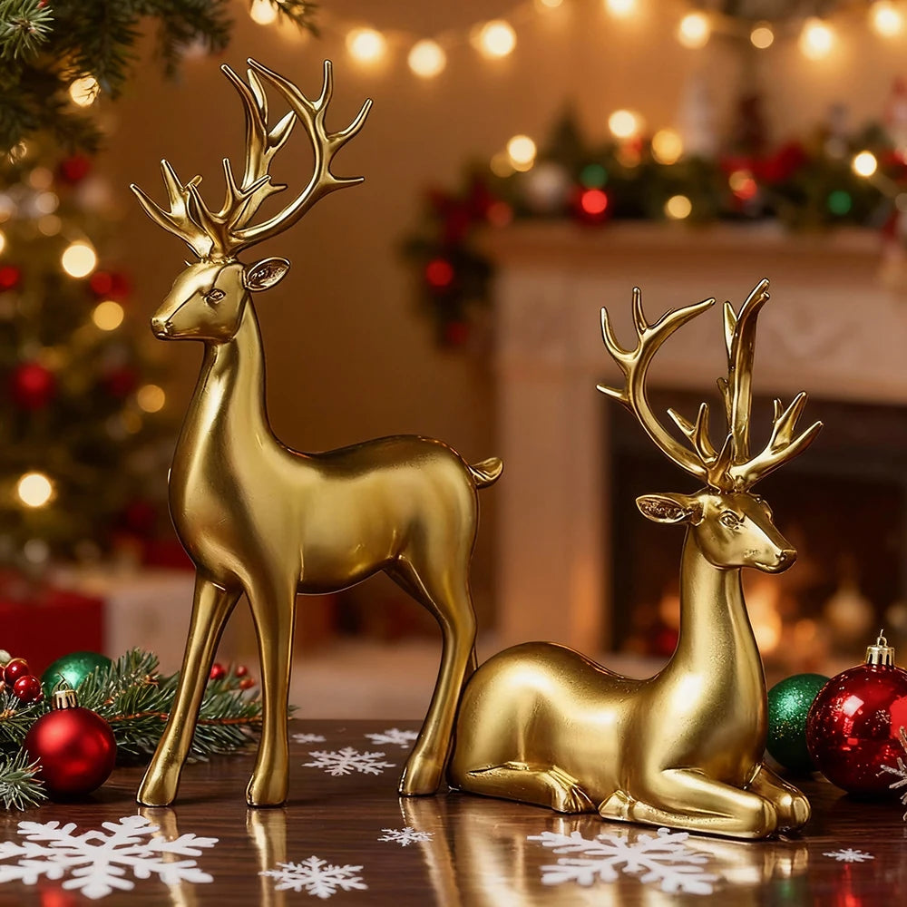 Gold deer figurines on a table with Christmas decorations and lights in the background