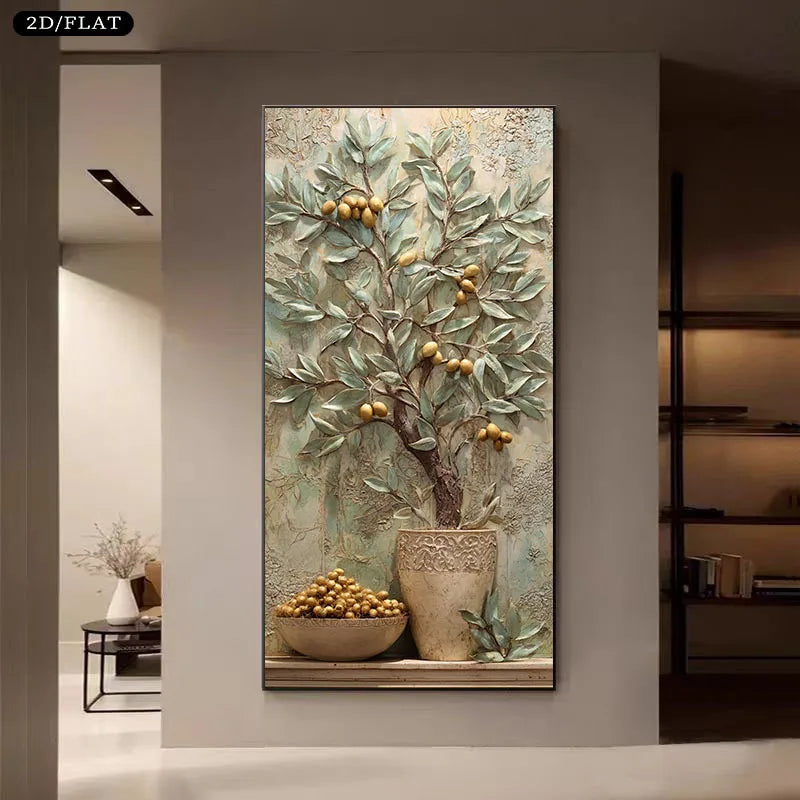 A vertical framed wall art piece showing a textured painting of a pomegranate tree with green leaves and golden pomegranates in a vase, displayed on a beige wall in a modern interior setting.