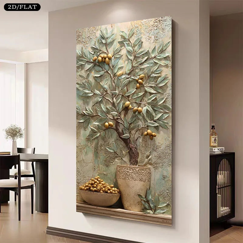 A large vertical canvas wall art print featuring a stylized olive tree with gold olives in a textured pot, displayed on a beige wall in a modern dining room interior.