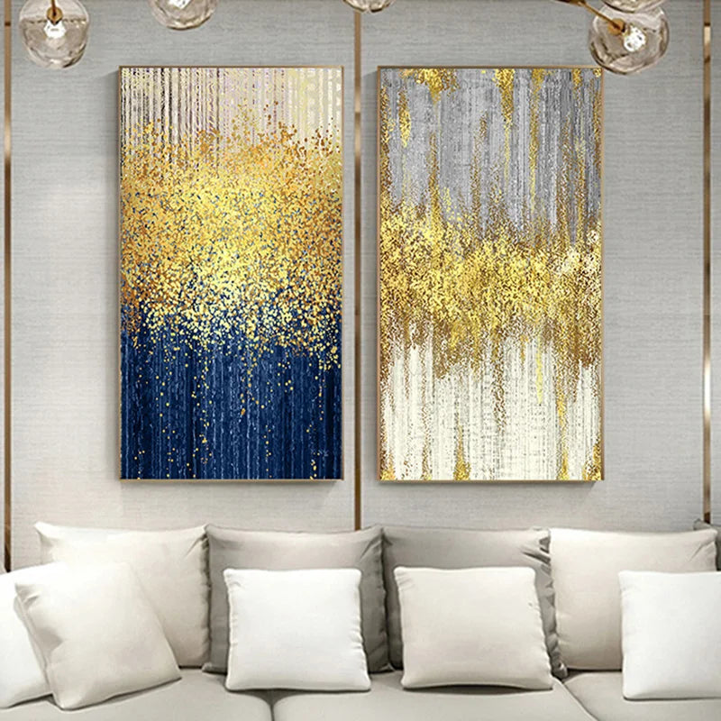 Golden Rain Abstract Auspicious Wall Art Fine Art Canvas Prints Vertical Format Pictures For Living Room Foyer Entranceway Corridor Wall Decor