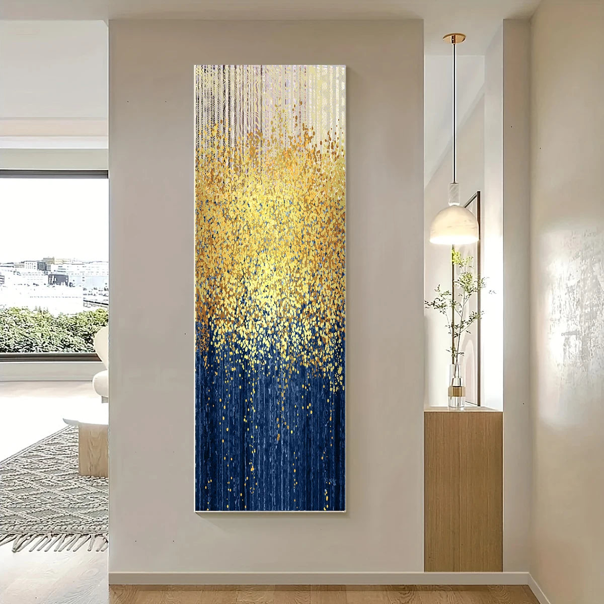 Golden Rain Modern Abstract Vertical Format Wall Art Fine Art Canvas Print Tall Skycraper Format Artwork For Living Room Reception Room Foyer Art Decor 2025