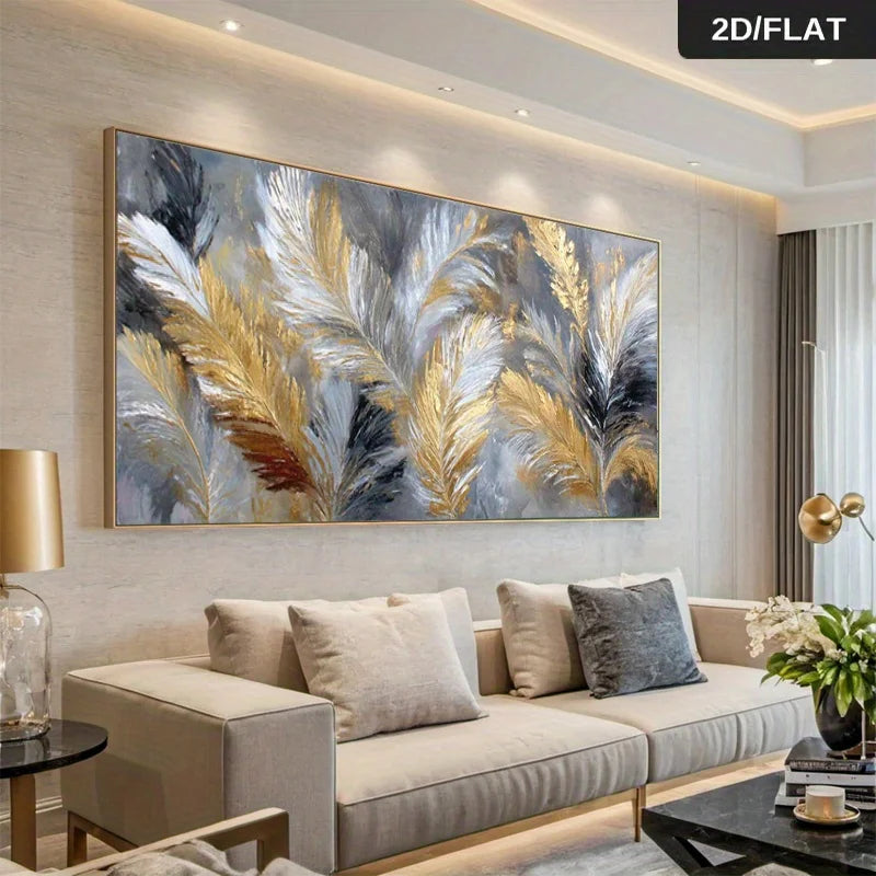 A large rectangular wall art piece with abstract feather-like brushstrokes in gold, white, gray, and black, displayed above a beige sofa in a modern living room. A black label in the top-right corner reads “2D/FLAT.