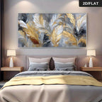 A large wall art piece featuring abstract gold, white, gray, and black feather-like brushstrokes, displayed above a neatly made bed in a modern bedroom. A small '2D/FLAT' label appears in the top-right corner.