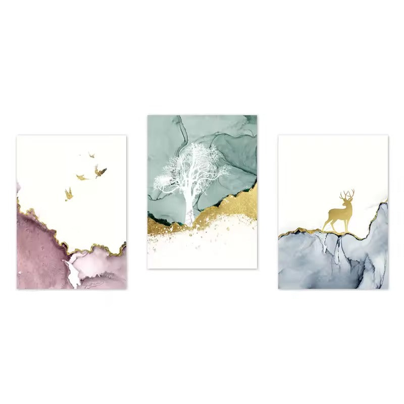 Set of 3Pcs Golden Stag In Wilderness Forest Landscape Wall Art Magical Nordic Nature Fine Art Canvas Prints Painting For Modern Home Interior Decor
