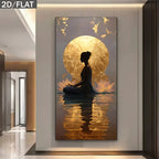 Decorative wall art of a meditating figure with a large golden moon in a modern interior setting.