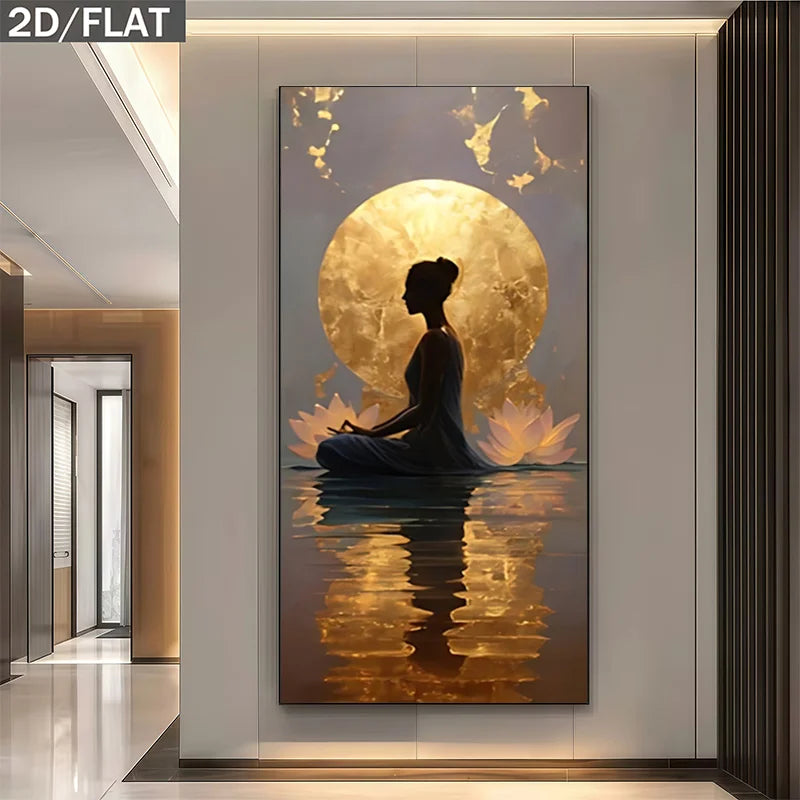 Decorative wall art of a meditating figure with a large golden moon in a modern interior setting.