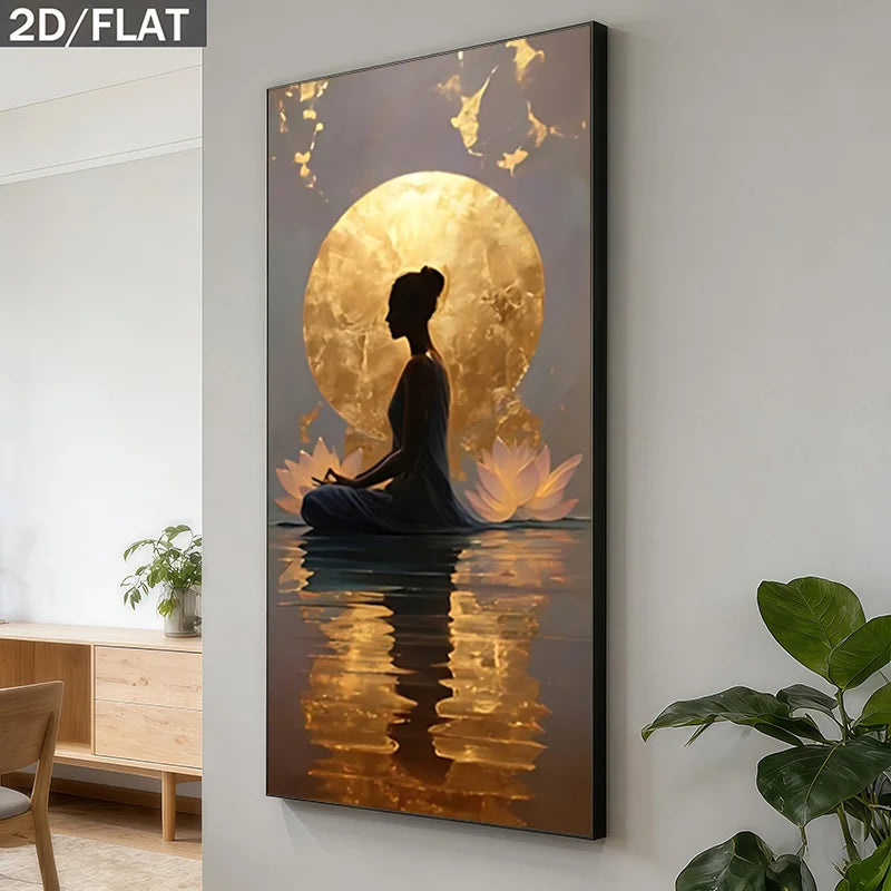Canvas print of a meditating figure with a golden moon in a modern interior setting.