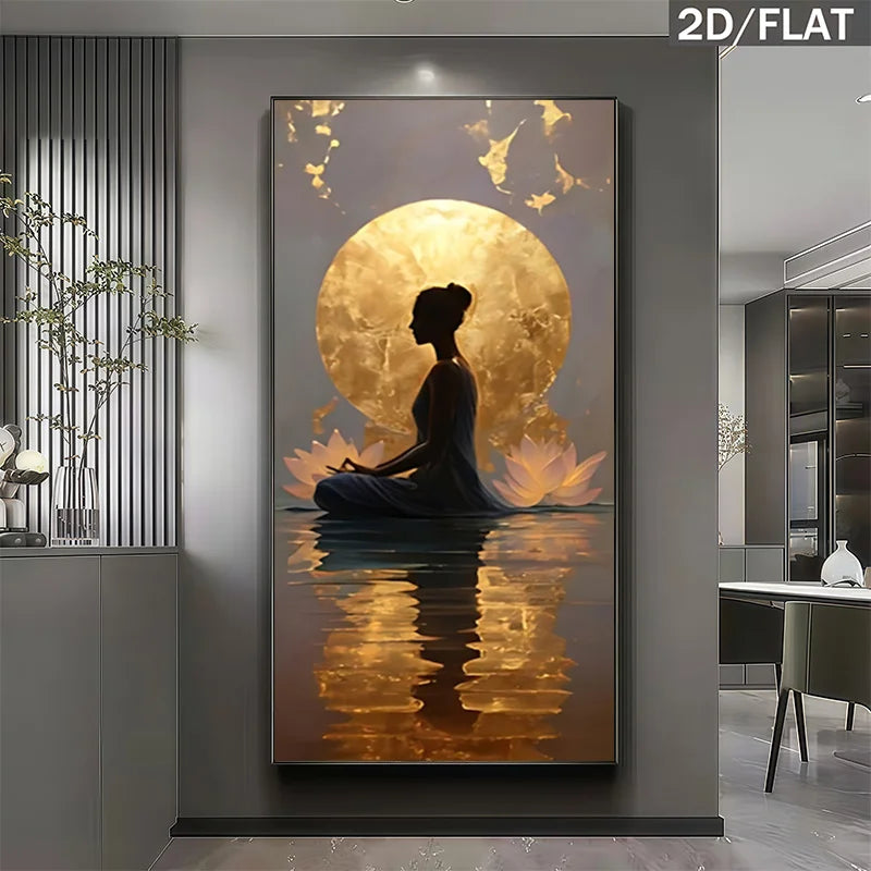 Decorative wall art of a meditating figure with a large moon and lotus flower in a modern interior setting.
