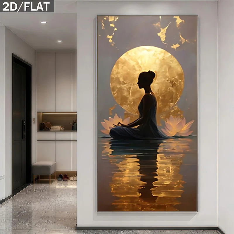 Decorative wall art of a meditating figure with a large moon in a modern interior setting.