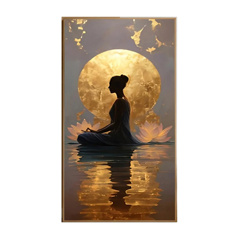 Silhouette of a meditating person with a large golden moon and lotus flower in the background.