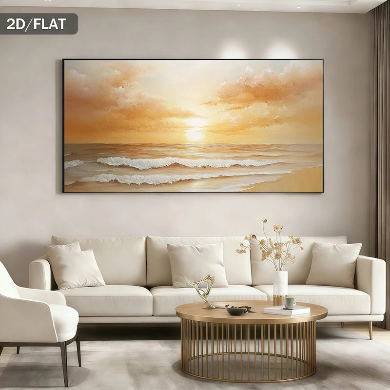 Living room with a large abstract painting of a sunset over water, beige sofa, and wooden coffee table.