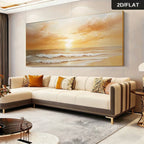 Modern living room with a sectional sofa, decorative pillows, and a large wall painting of a sunset over water.