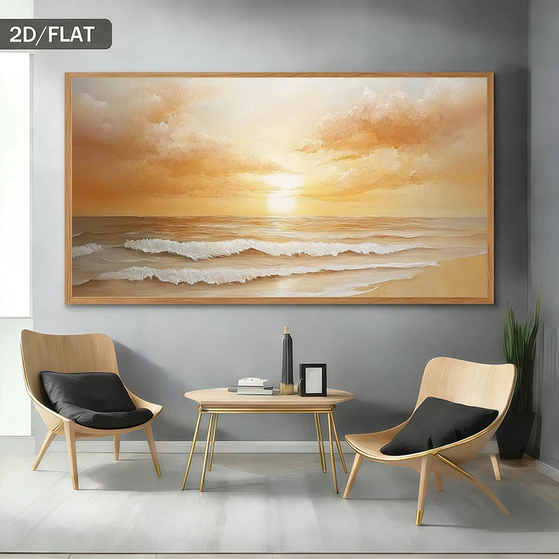 Modern living room with two chairs, a table, and a large framed artwork of a sunset over water.