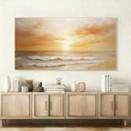 Large abstract painting of a sunset over water on a wall above a wooden cabinet.
