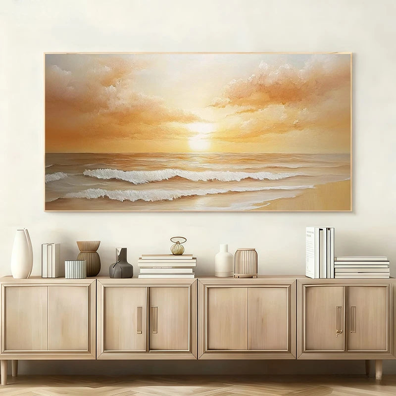 Large abstract painting of a sunset over water on a wall above a wooden cabinet.