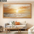 Framed beach sunset painting on a wall above a sofa in a living room.